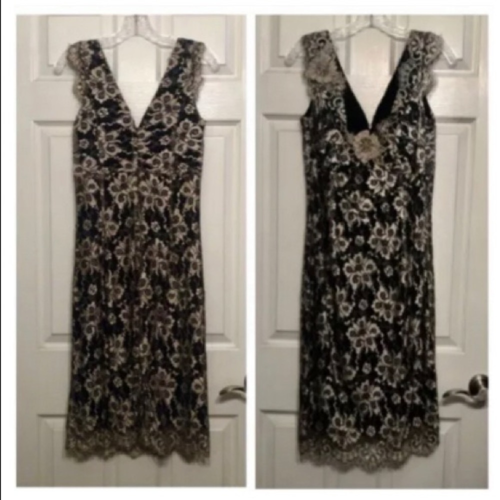 $224 BLACK LACE & GOLD SILK BROCADE DRESS NEW